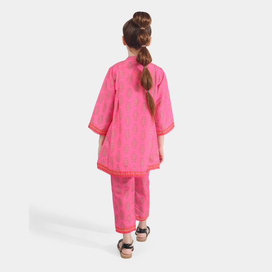 Girls Poly Cambric Printed 2 Pcs Set (Bliss) - Pink