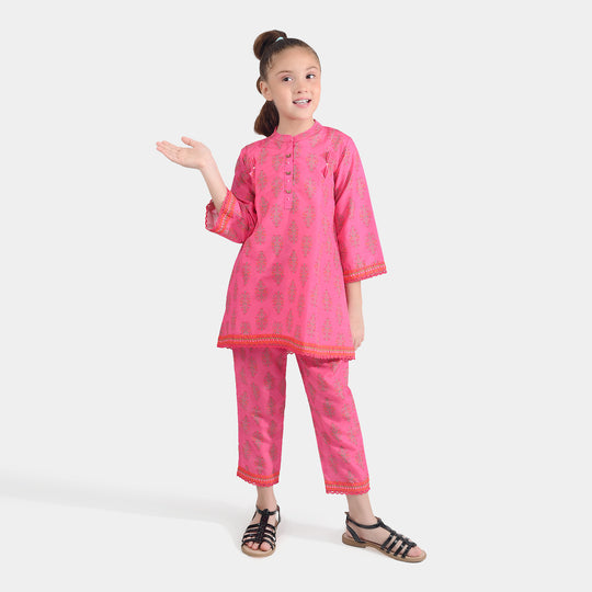 Girls Poly Cambric Printed 2 Pcs Set (Bliss) - Pink