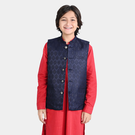Boys Poly Viscose Waistcoat (Jamawar Navy) - Navy