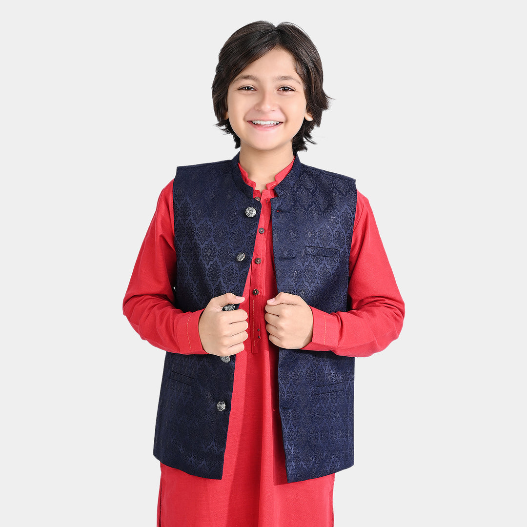 Boys Poly Viscose Waistcoat (Jamawar Navy) - Navy