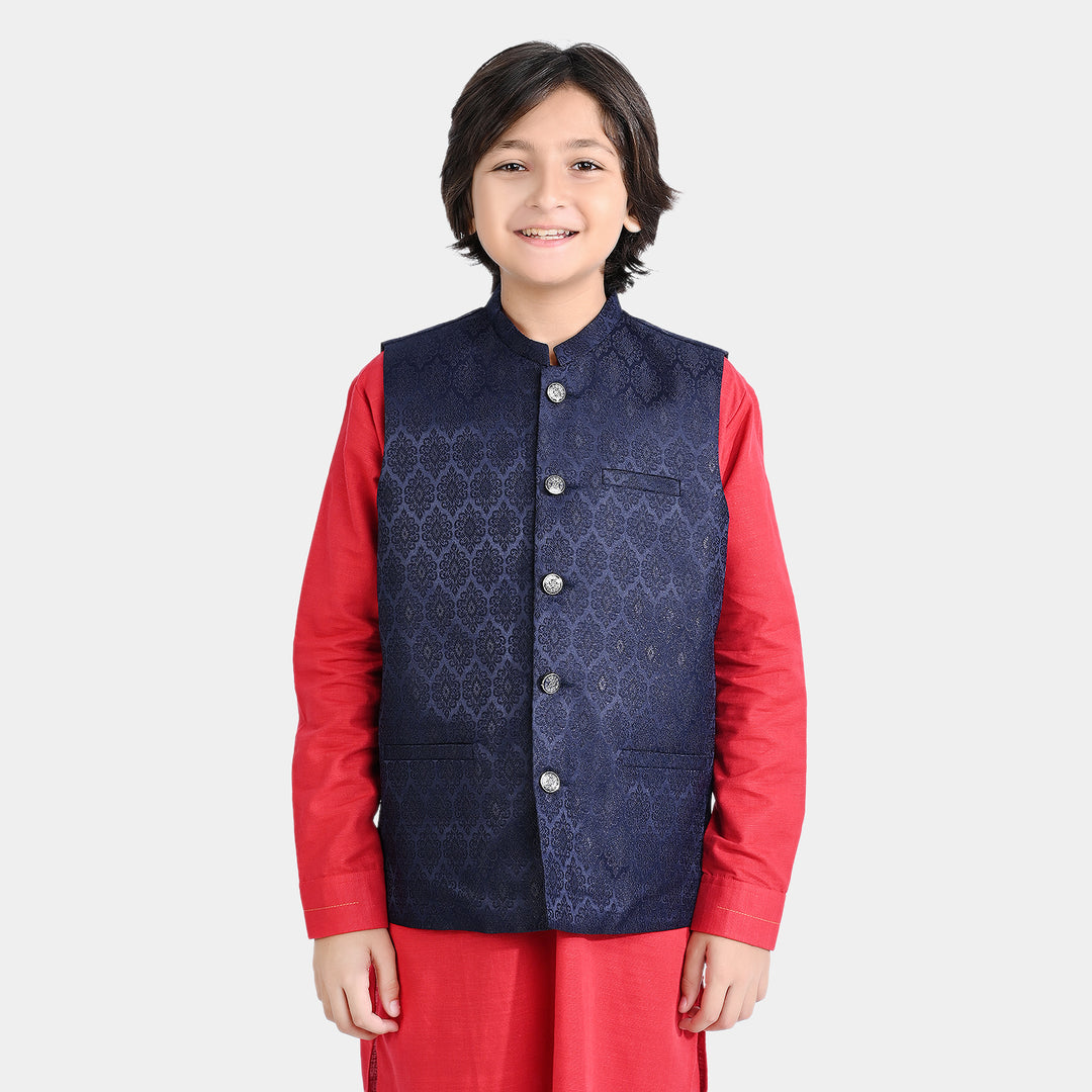 Boys Poly Viscose Waistcoat (Jamawar Navy) - Navy