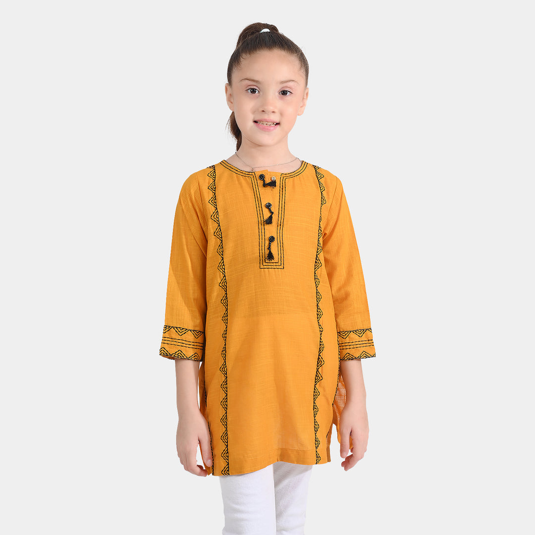 Girls Cotton Slub Emb Kurti-Mustard