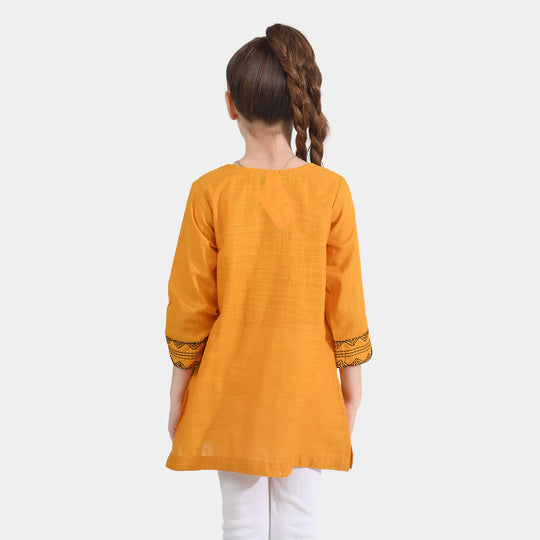 Girls Cotton Slub Emb Kurti-Mustard