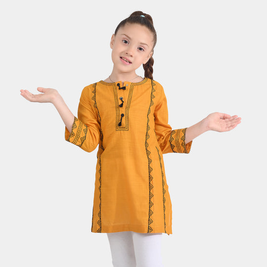 Girls Cotton Slub Emb Kurti-Mustard