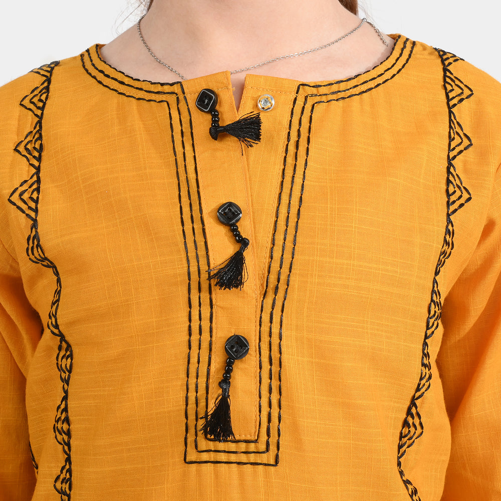 Girls Cotton Slub Emb Kurti-Mustard