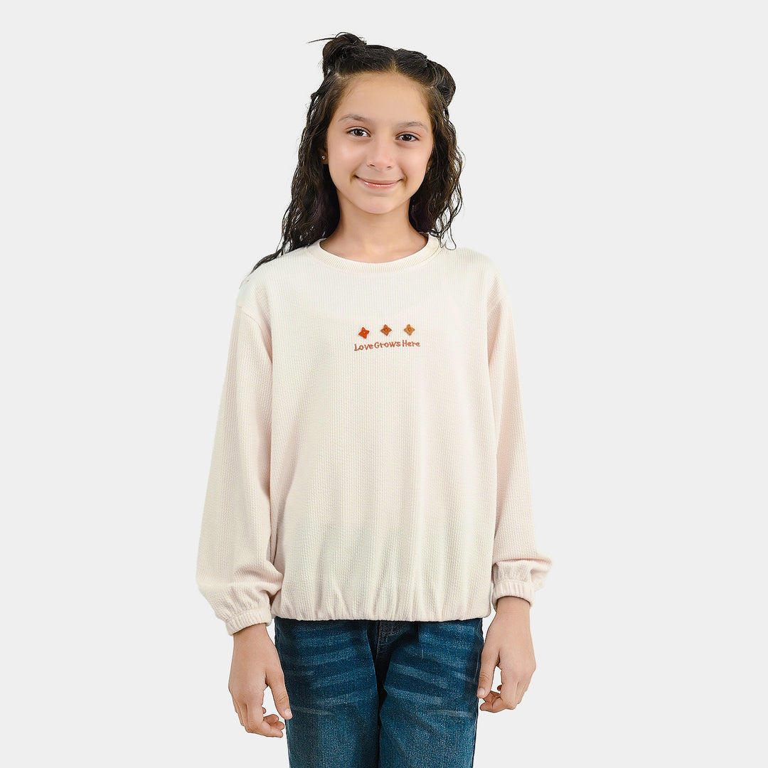 Girls Cotton Rib Sweatshirt Love Grow Here - BROWN