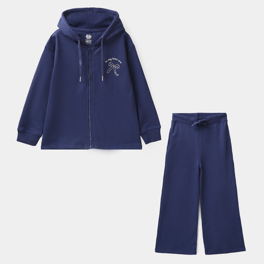 Girls Jersey/Terry 2 Piece Suit Bow-NAVY