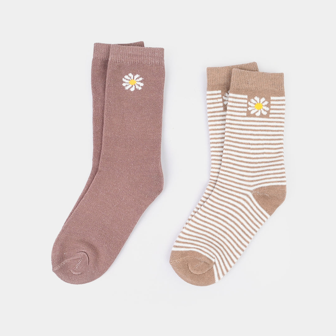 Girls Cotton Socks Pack of 2 (Flora) - Light Brown/Tape Brown