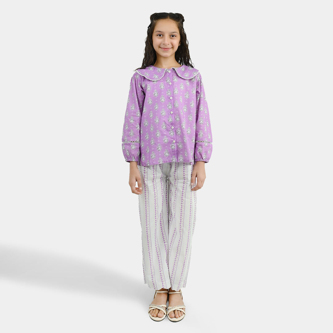 Girls Cotton Co-Ord Set Ruffles - Purple