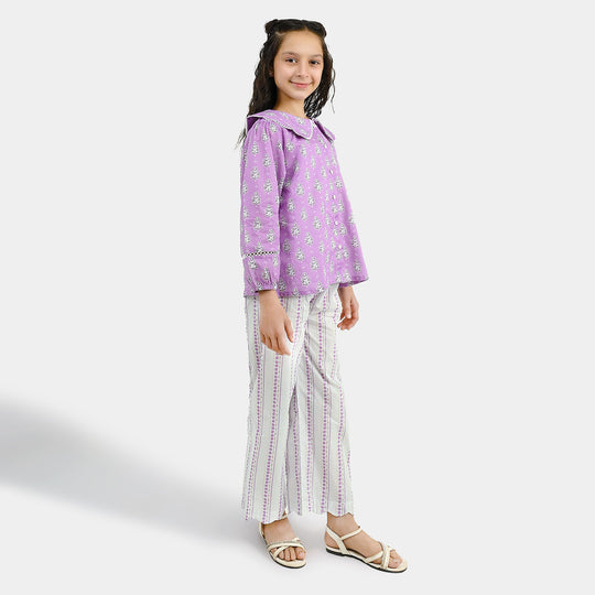 Girls Cotton Co-Ord Set Ruffles - Purple