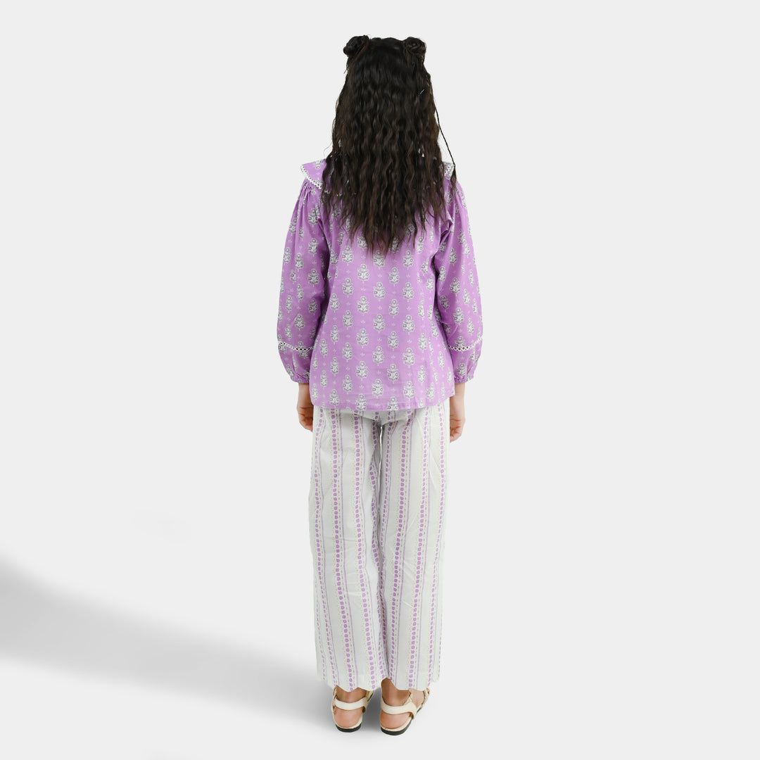 Girls Cotton Co-Ord Set Ruffles - Purple