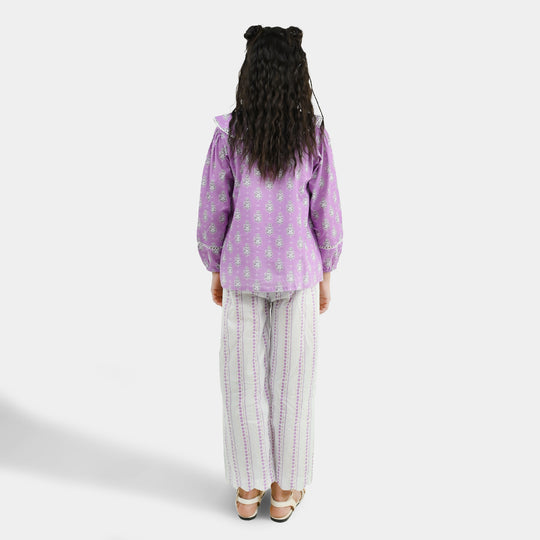 Girls Cotton Co-Ord Set Ruffles - Purple