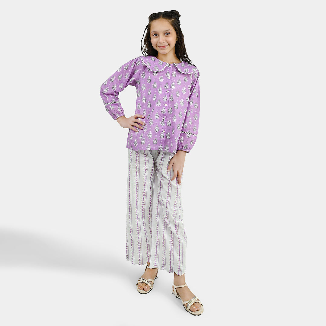 Girls Cotton Co-Ord Set Ruffles - Purple
