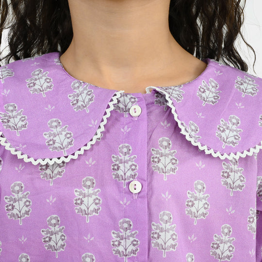 Girls Cotton Co-Ord Set Ruffles - Purple
