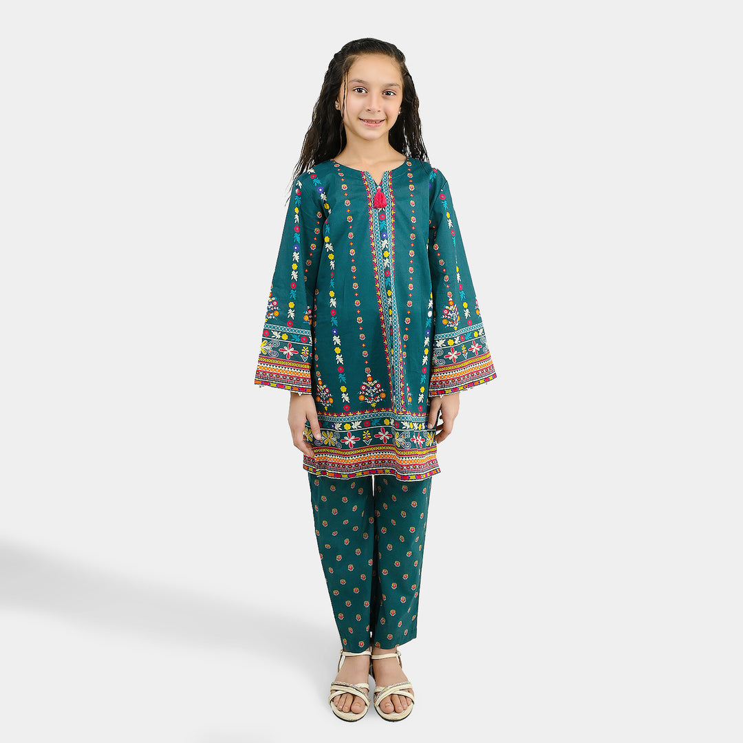Girls Cotton Printed 2Pcs Batik - Teal