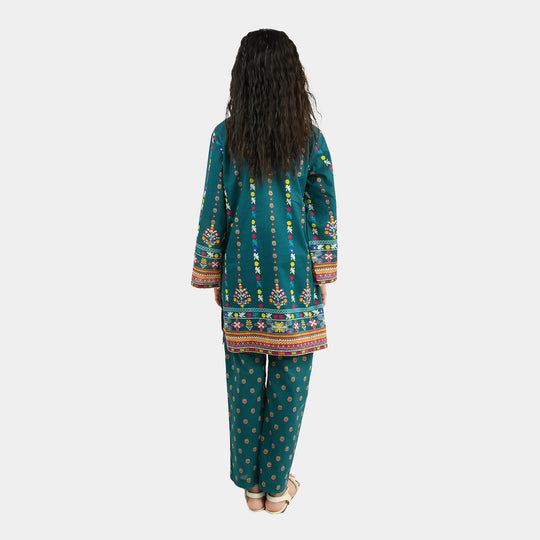 Girls Cotton Printed 2Pcs Batik - Teal