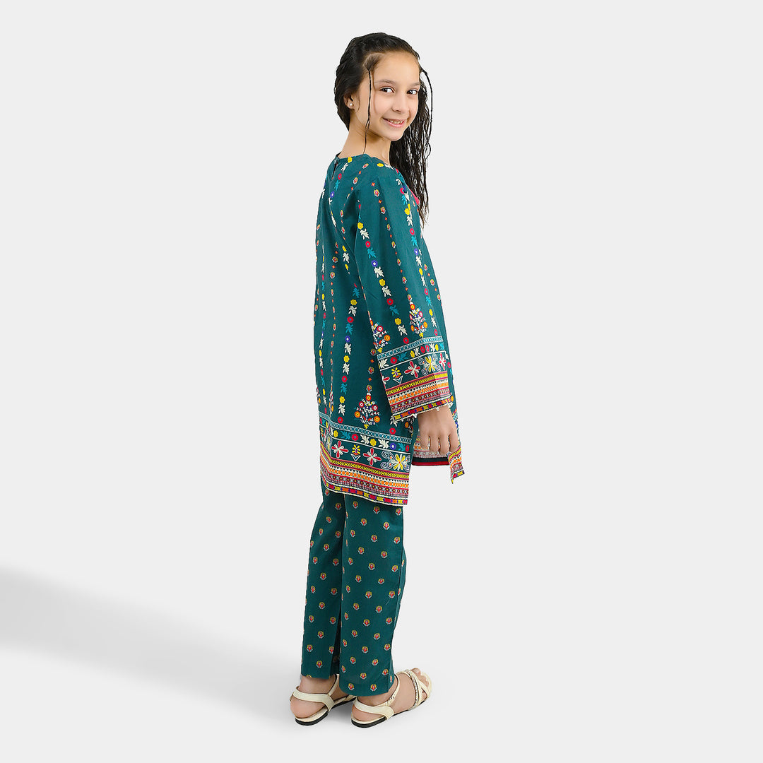 Girls Cotton Printed 2Pcs Batik - Teal