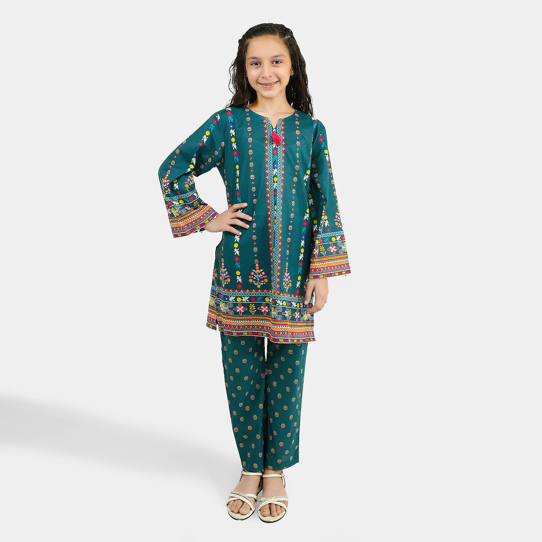 Girls Cotton Printed 2Pcs Batik - Teal