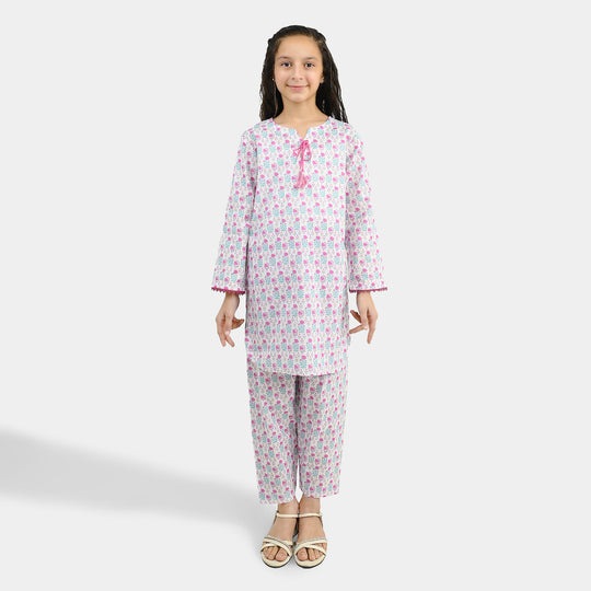 Girls Cotton Printed 2Pcs Phool - Off White