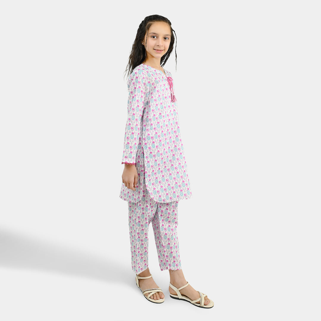 Girls Cotton Printed 2Pcs Phool - Off White