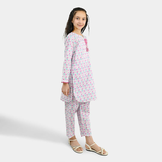 Girls Cotton Printed 2Pcs Phool - Off White