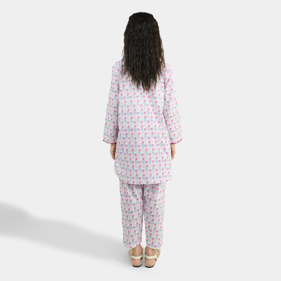 Girls Cotton Printed 2Pcs Phool - Off White