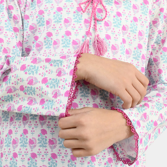 Girls Cotton Printed 2Pcs Phool - Off White