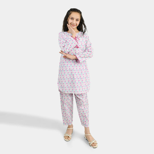 Girls Cotton Printed 2Pcs Phool - Off White