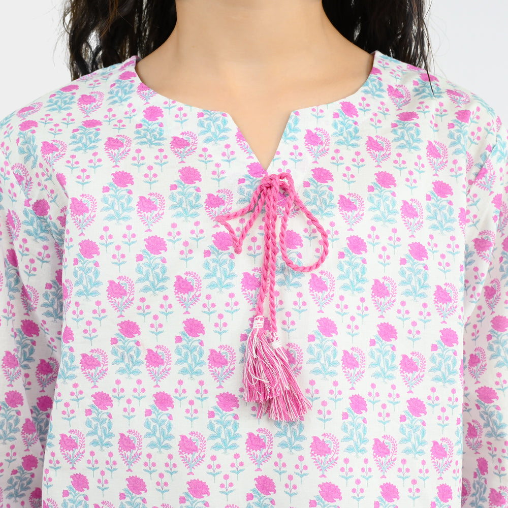 Girls Cotton Printed 2Pcs Phool - Off White