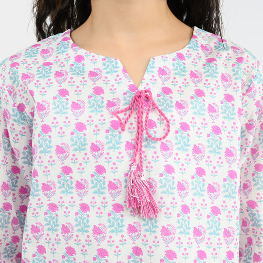 Girls Cotton Printed 2Pcs Phool - Off White