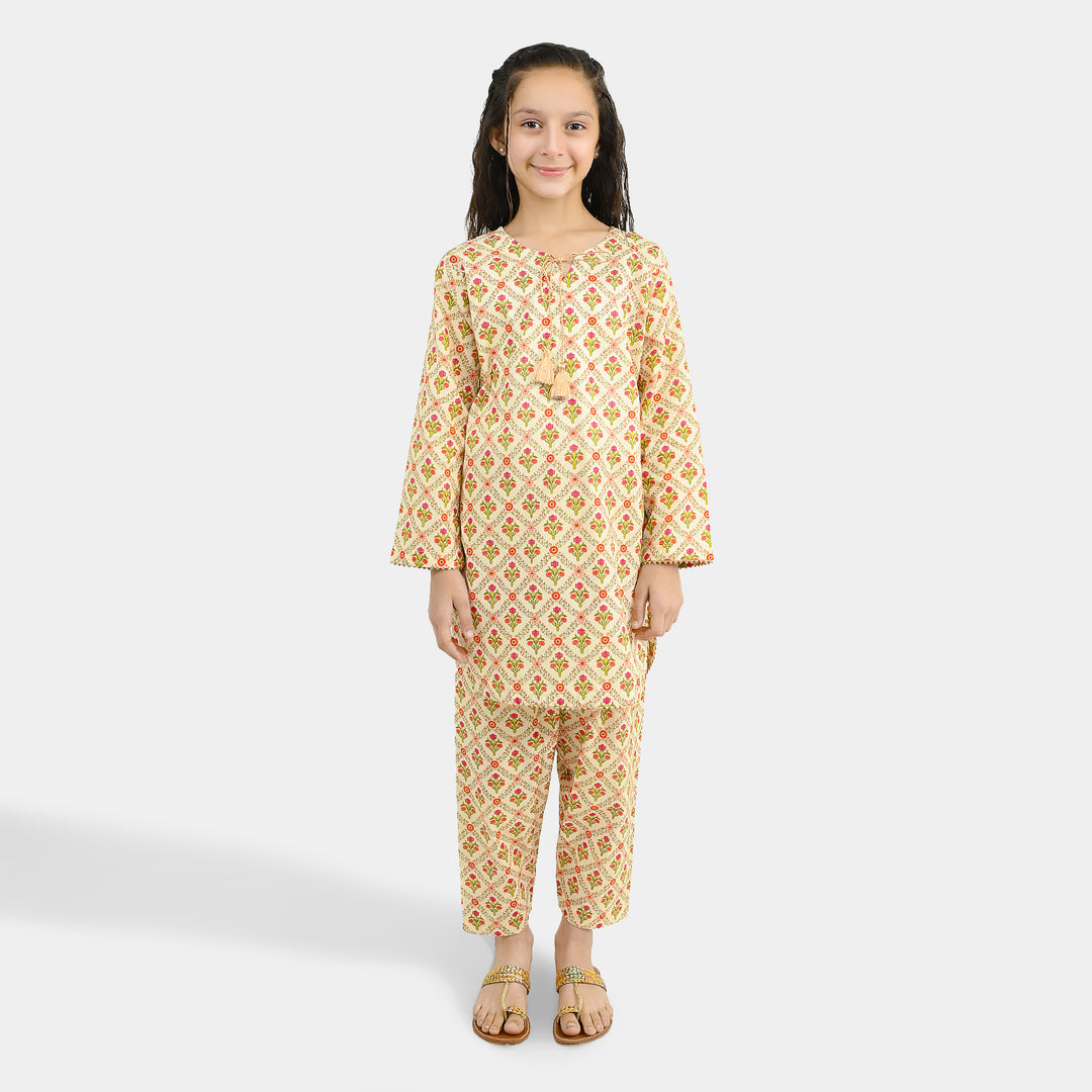 Girls Cotton Printed 2Pcs Chamak - Cream