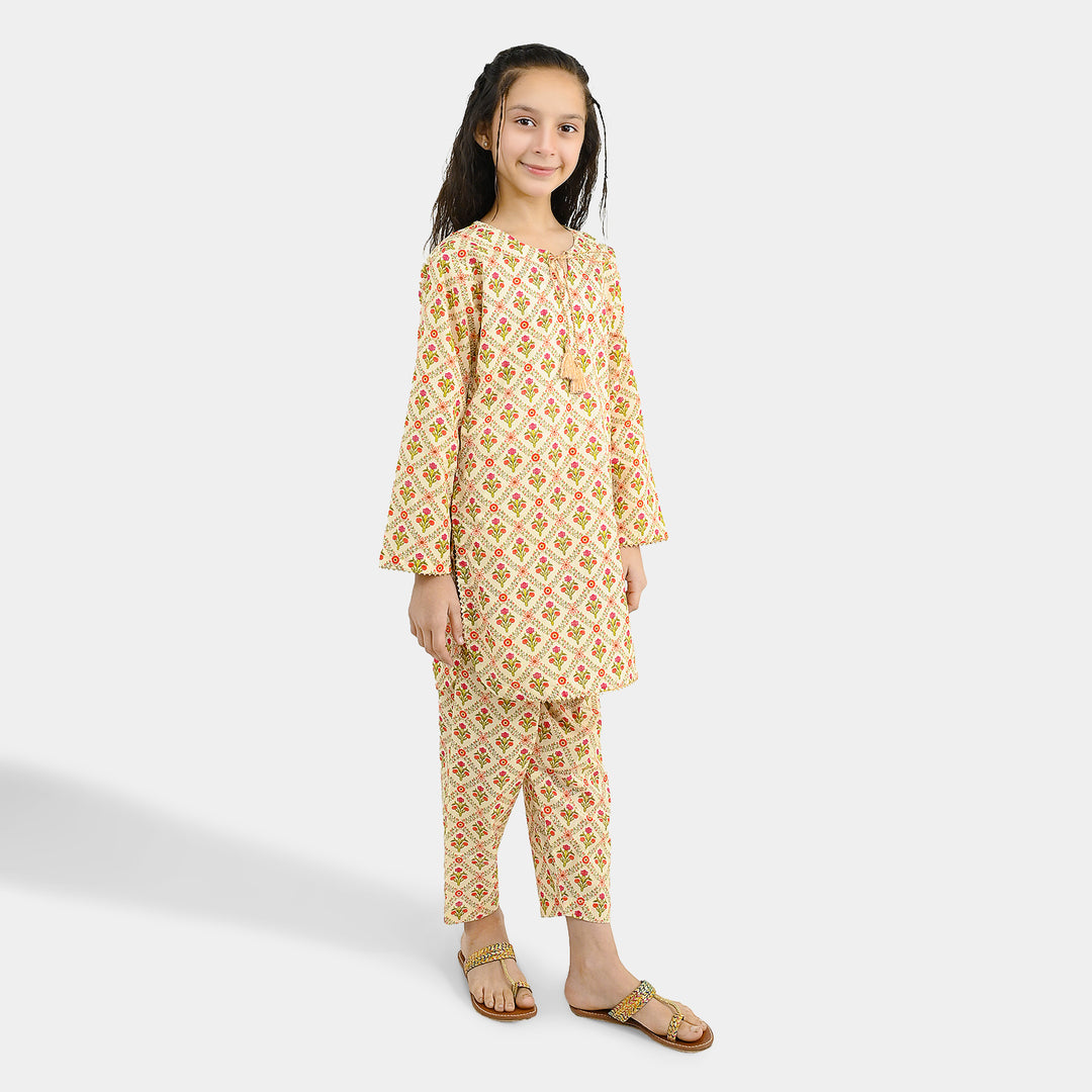 Girls Cotton Printed 2Pcs Chamak - Cream
