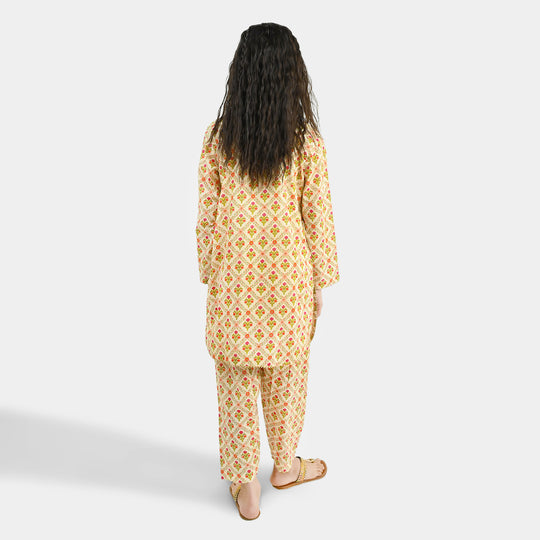Girls Cotton Printed 2Pcs Chamak - Cream