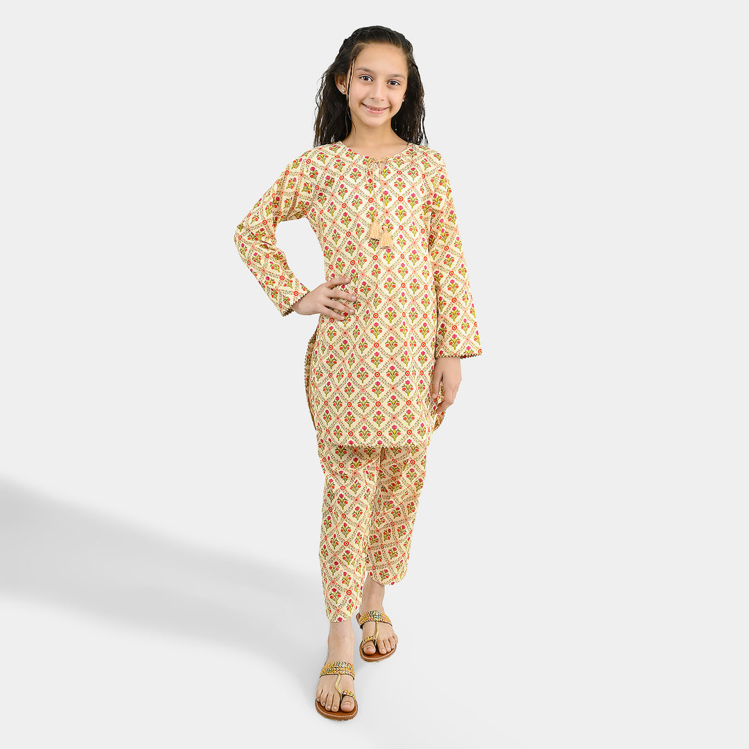 Girls Cotton Printed 2Pcs Chamak - Cream