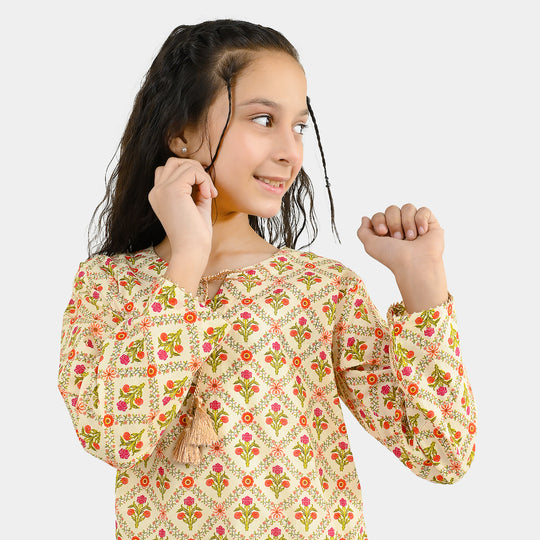 Girls Cotton Printed 2Pcs Chamak - Cream