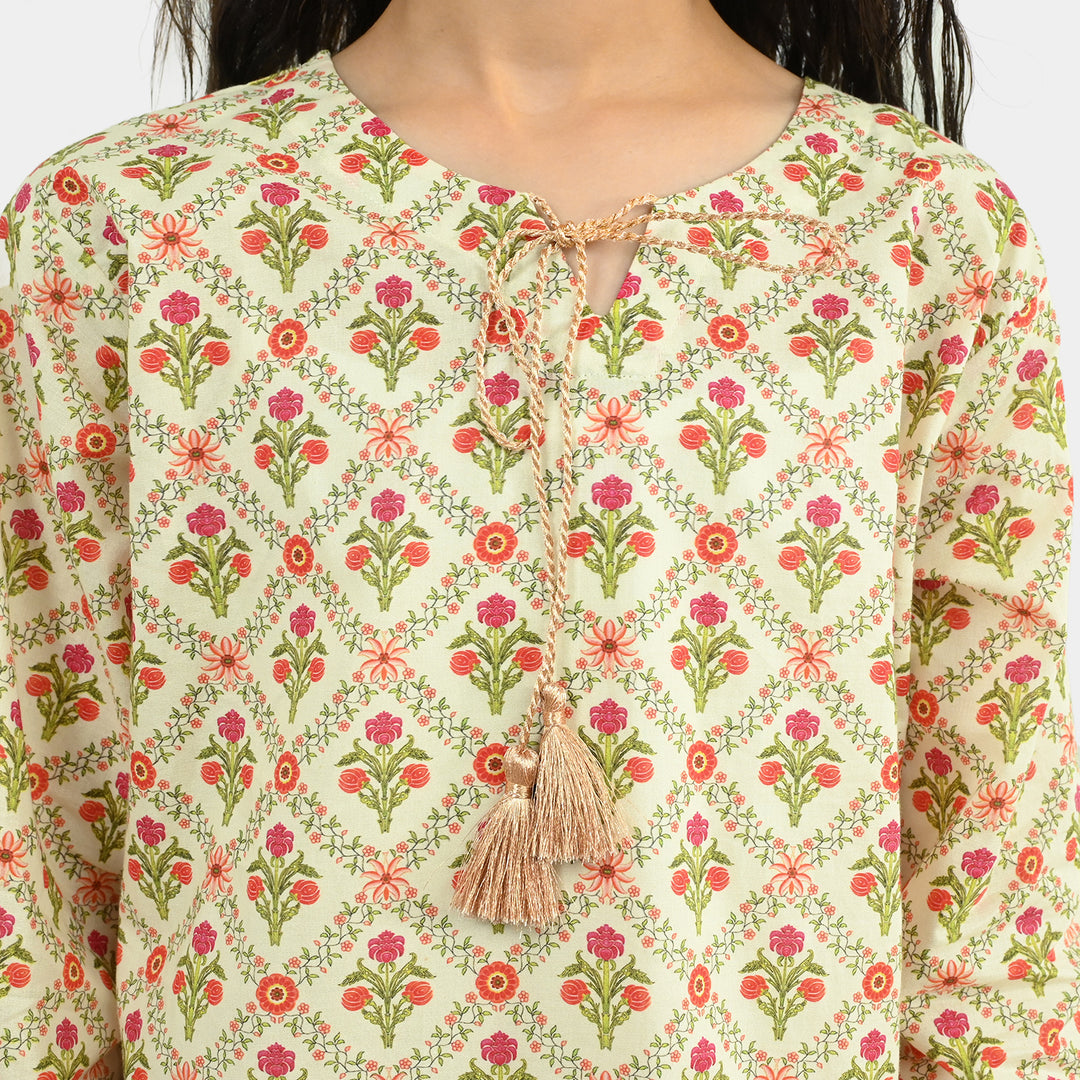 Girls Cotton Printed 2Pcs Chamak - Cream