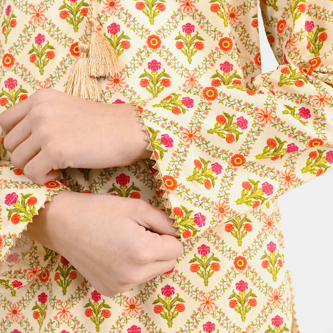 Girls Cotton Printed 2Pcs Chamak - Cream