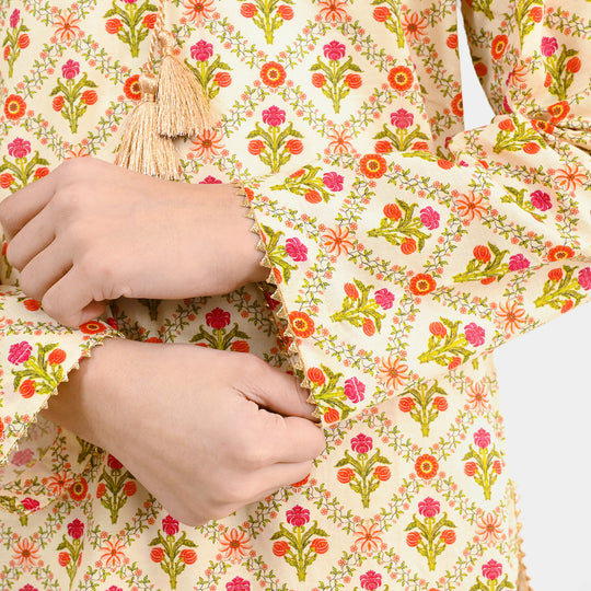 Girls Cotton Printed 2Pcs Chamak - Cream