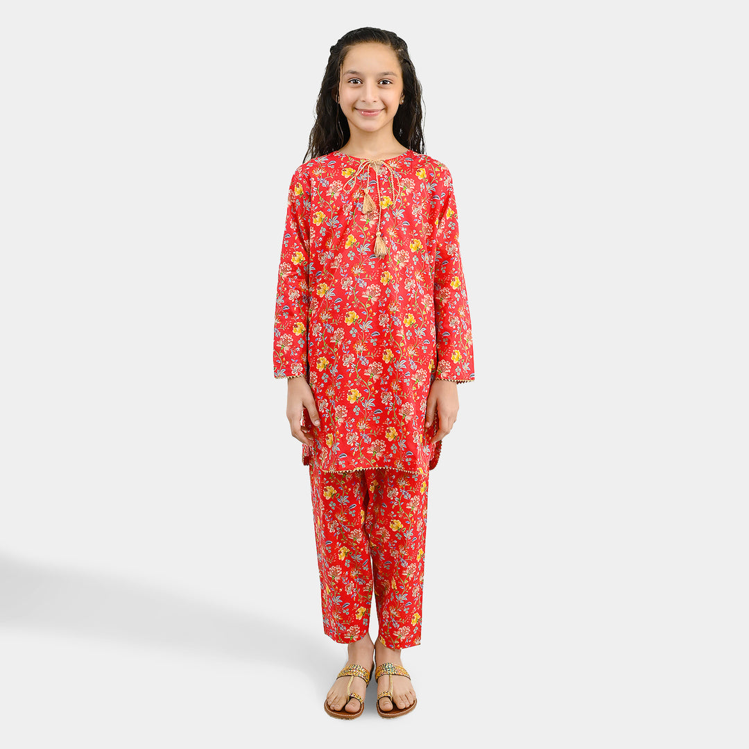 Girls Cotton Printed 2Pcs Bloom - Red