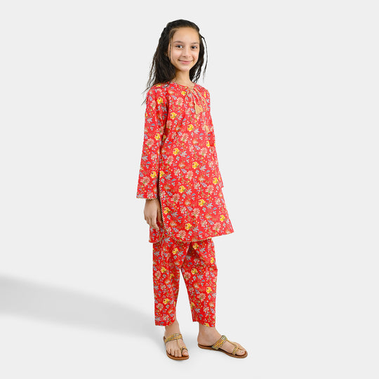 Girls Cotton Printed 2Pcs Bloom - Red