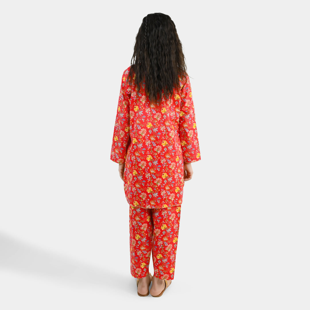 Girls Cotton Printed 2Pcs Bloom - Red