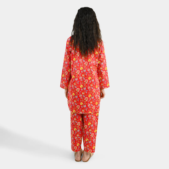 Girls Cotton Printed 2Pcs Bloom - Red