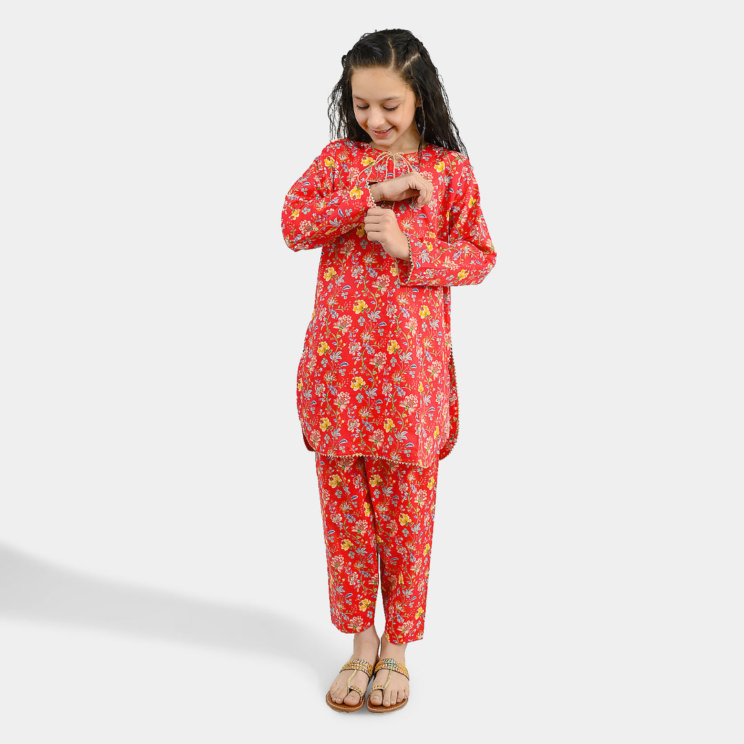 Girls Cotton Printed 2Pcs Bloom - Red