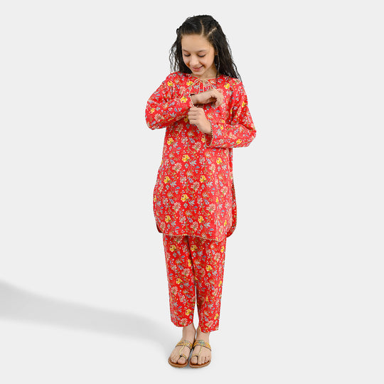 Girls Cotton Printed 2Pcs Bloom - Red