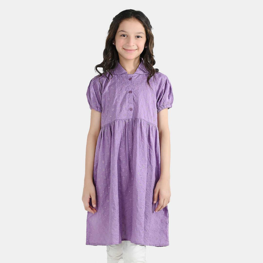 Girls Chikankari Embroidered Frock Grape-Purple