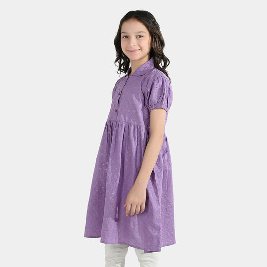 Girls Chikankari Embroidered Frock Grape-Purple
