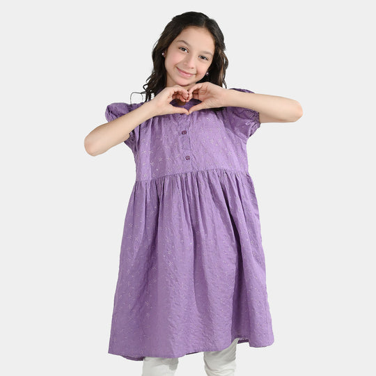 Girls Chikankari Embroidered Frock Grape-Purple