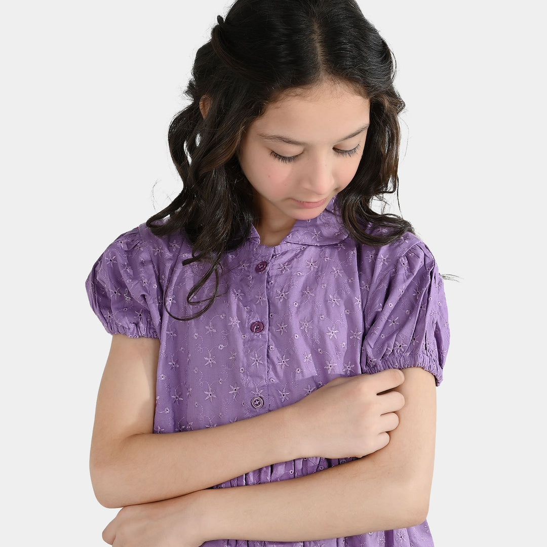 Girls Chikankari Embroidered Frock Grape-Purple