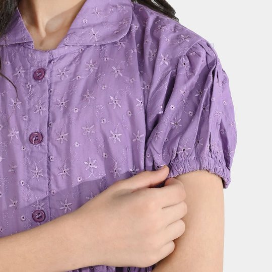 Girls Chikankari Embroidered Frock Grape-Purple