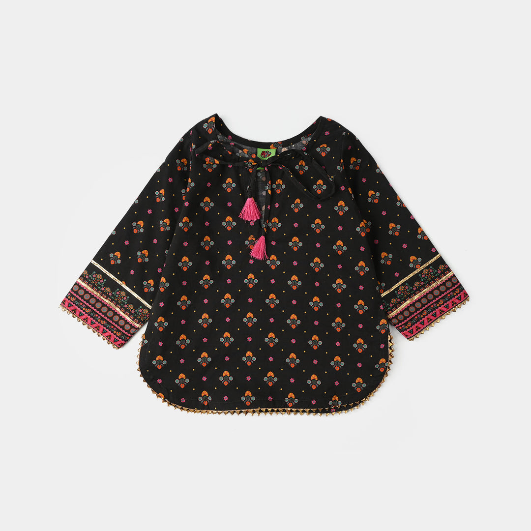 Infant Girls Cotton Printed Kurti (Swan) - Black